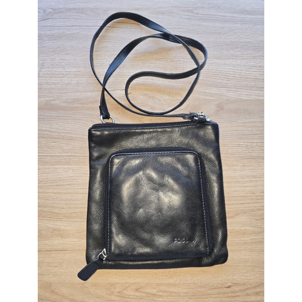 Fossil Black Genuine Leather Crossbody Wallet Purse Organizer Bag bohemian